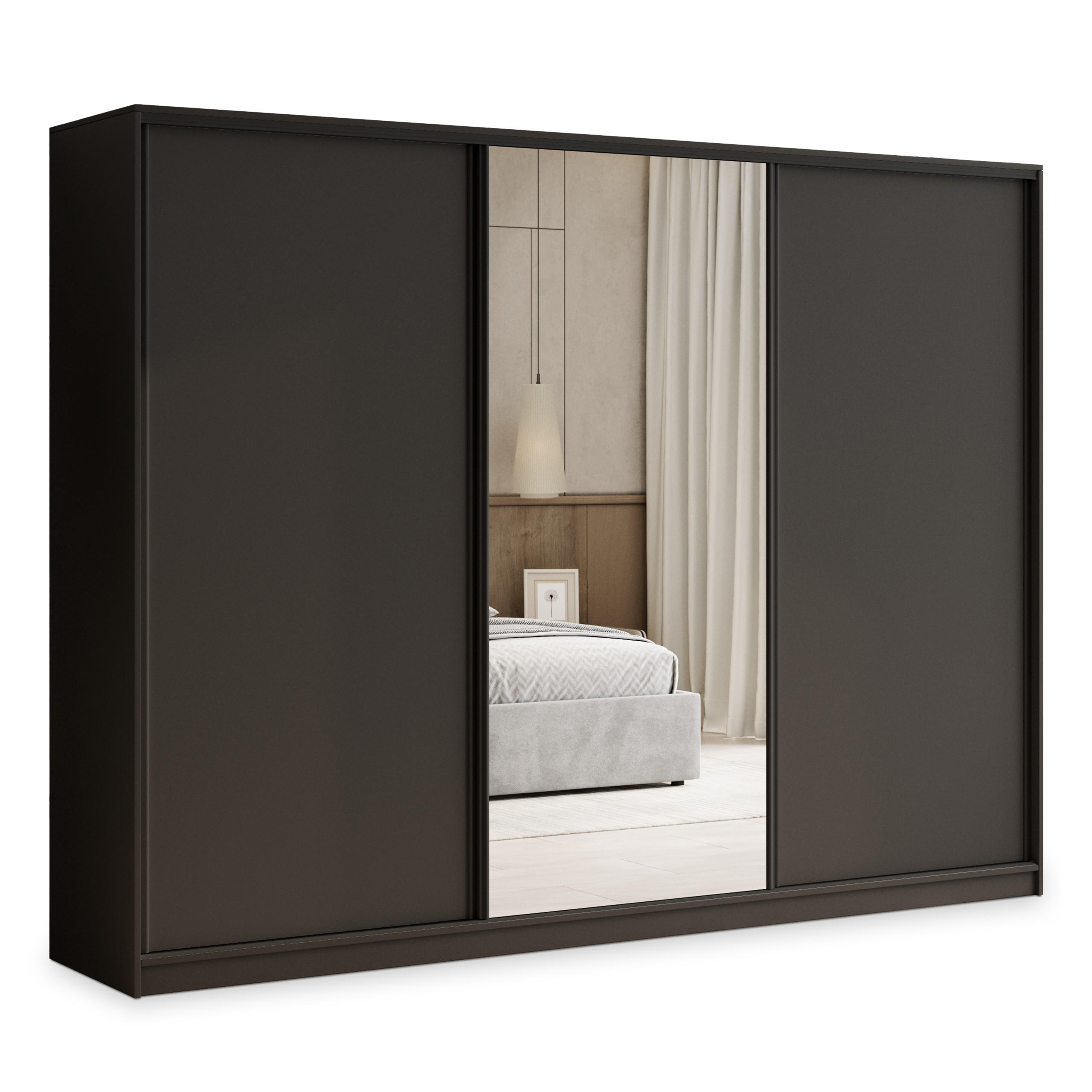 SCHWEBETÜRENSCHRANK TARI 270/205/58 cm 3-türig mit Spiegel und 4 Schubladen Schwarz - Schwarz, Holzwerkstoff (270/205/58cm) - MASSENO