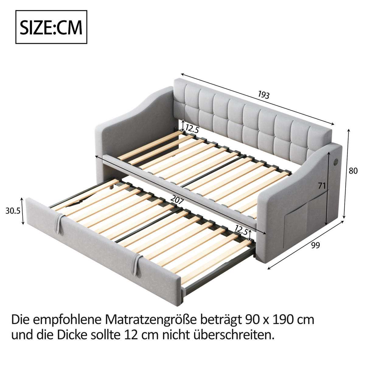 ČALÚNENÁ posteľ 90/190 cm s výsuvným lôžkom a USB portami, zamatový poťah, Svetlosivá - svetlosivá, textil (90/190cm) - Redom