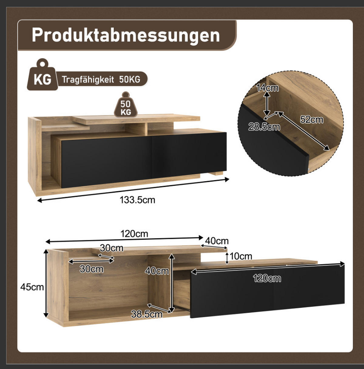 TV-LOWBOARD,UNENDLICH kombinierbar mit integriertem LED-Beleuchtungssystem - Natur - Naturfarben, Holz/Holzwerkstoff (40/45/135cm) - KOMHTOM