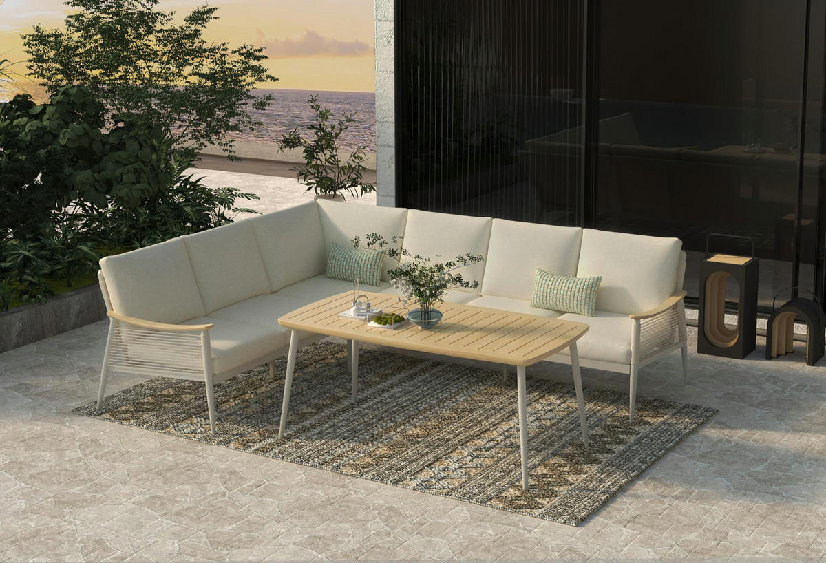 GARTENLOUNGESET Linda Eckloungegruppe Gartenmöbel - Beige, Kunststoff - DELUKE