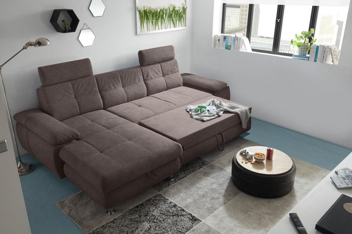 ECKSOFA mit Schlaffunktion und Bettkasten, Brego-Stoff - Chromfarben/Braun, Textil/Metall (274/177cm) - ed exciting design