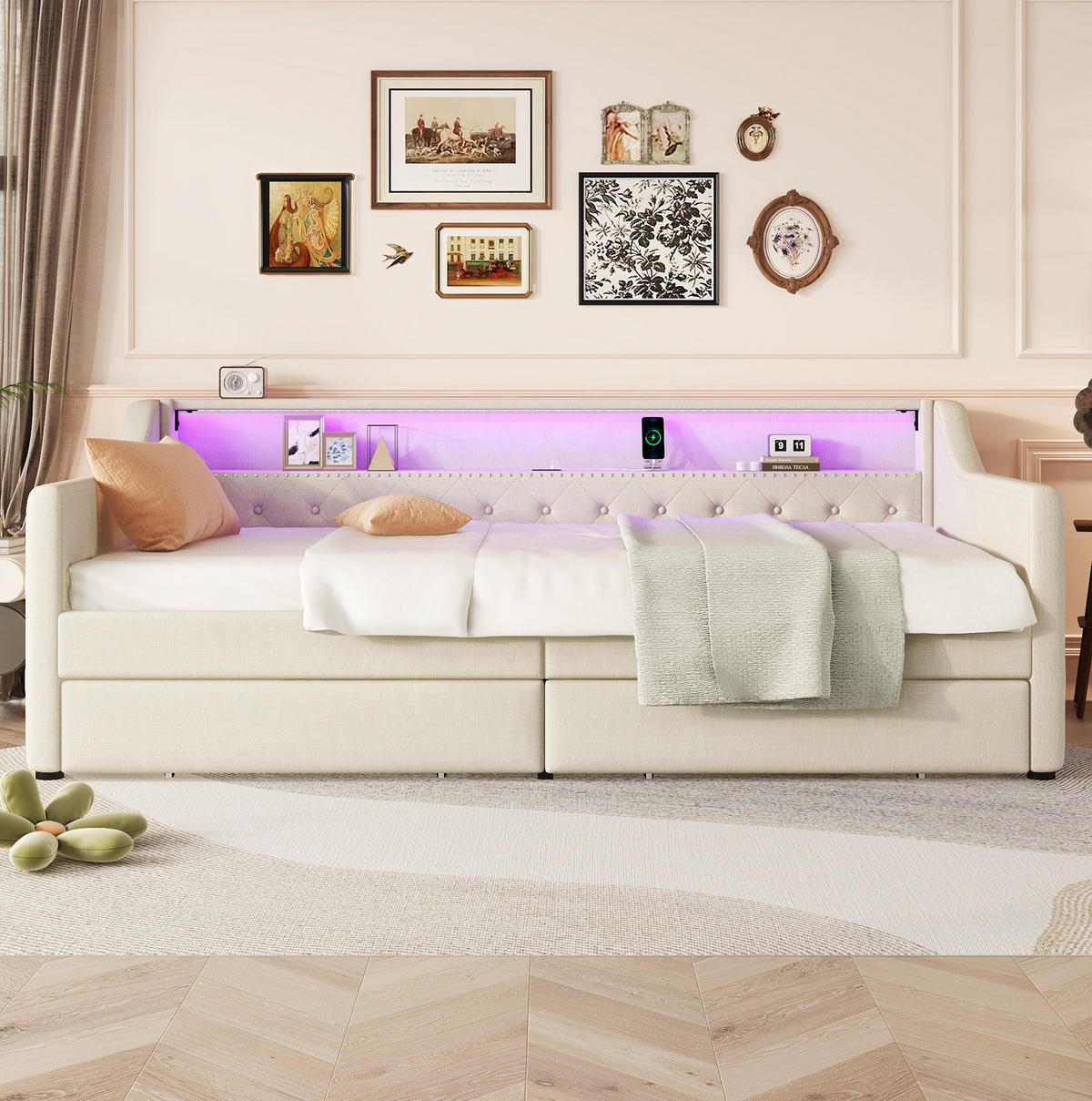 POLSTERBETT 90/200 cm Beige mit LED-Beleuchtung, USB-Anschluss und 2 Schubladen - Beige, Textil (90/200cm) - Flora Grace