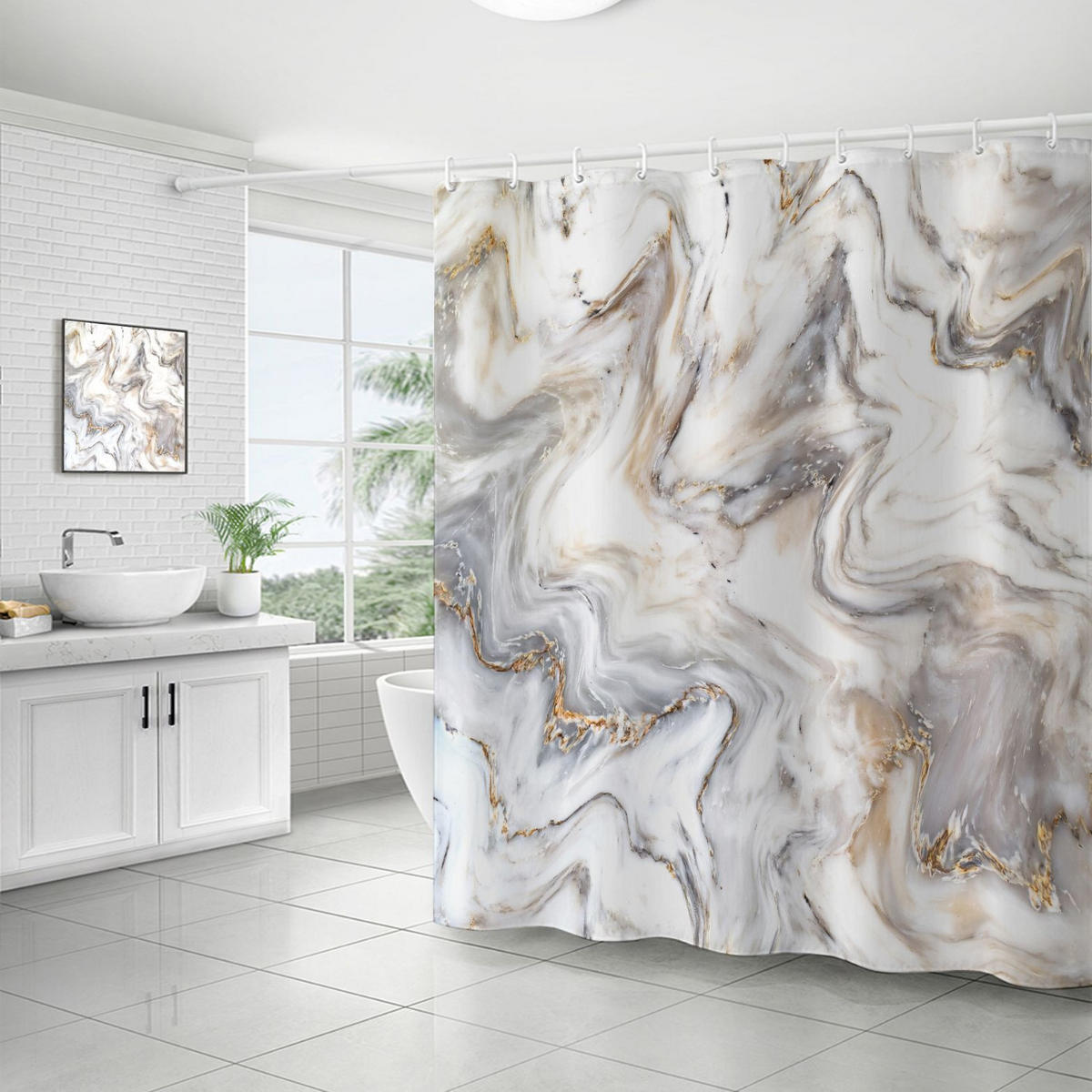 DUSCHVORHANG Goldfarben Grau Marmor modern abstrakt wasserdicht mit Haken - Grau, Textil (180/180cm) - MCBOSON