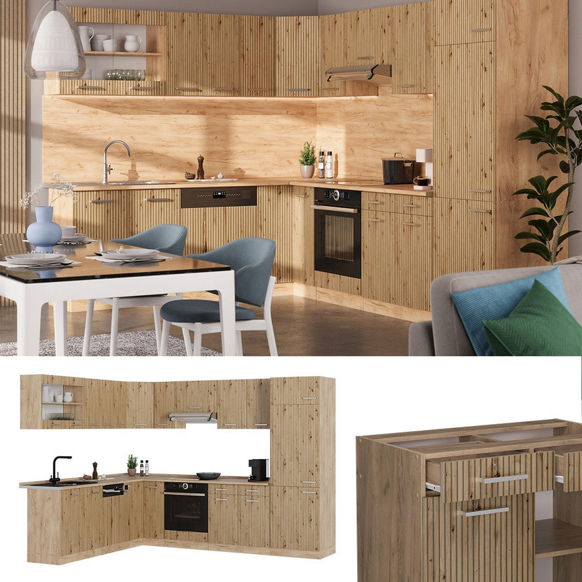 HÖRNKÖK R-Line, Hantverks ek/Goldkraft ek, 287 x 227 cm, AP Oak - Honungsek/Ek Artisan, Träbaserade material (287/206.8/60cm) - Vicco