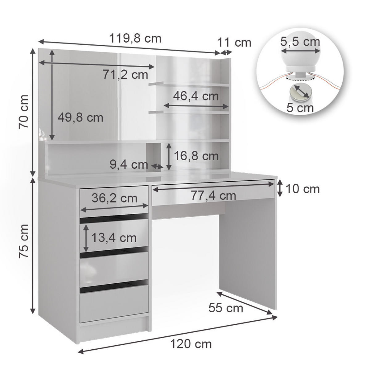 SCHMINKTISCH Sherry Weiß 145 cm mit LED Beleuchtung, und Spiegelregal - Weiß, Holzwerkstoff (55/75/145cm) - Vicco