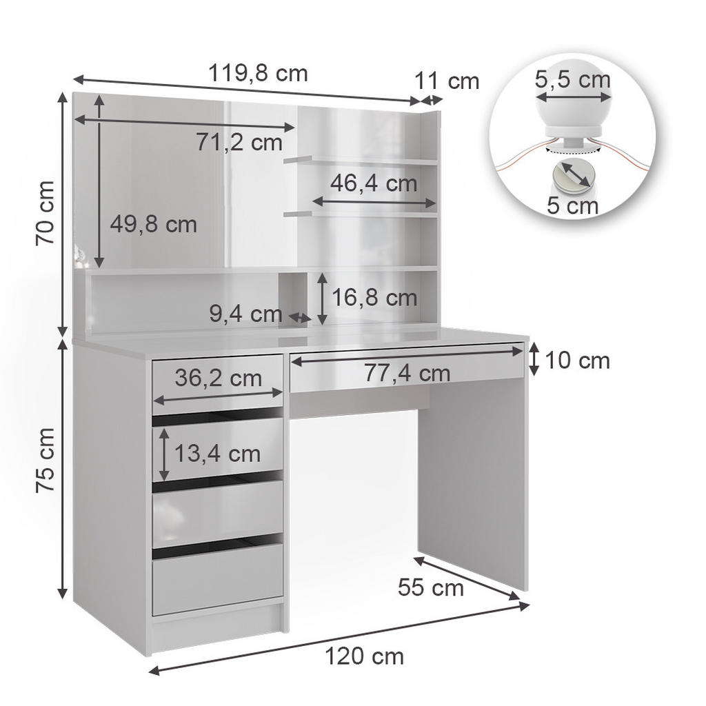 Thumbnail - Vicco Schminktisch, Weiß, Holzwerkstoff, 13 Fächer, 5 Schubladen, Rechteckig,Rechteckig, 120x145x55 cm, Schlafzimmer, Sc...
