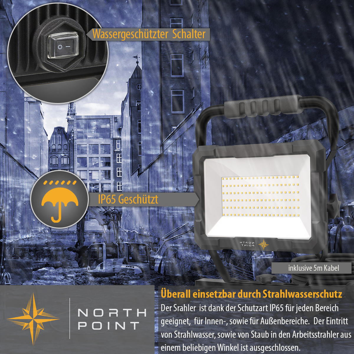 LED-BAUSTRAHLER mit Standfuß - 100W für Innen und Außen, spritzwassergeschützt, 2er-Set - Schwarz, Metall (18.3/28.7/36.8cm) - Northpoint