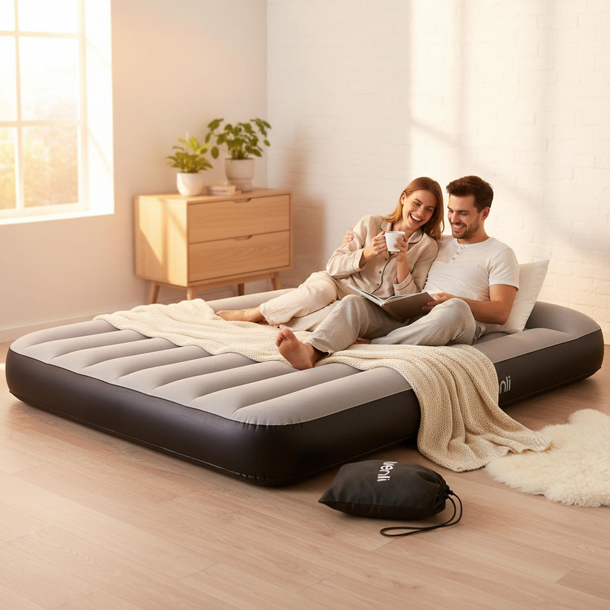 LUFTBETT Luftmatraze selbstaufblasend 203 x 152 x 30 cm mit integrierter Pumpe - Schwarz/Grau, Kunststoff (152/203cm) - Avenli