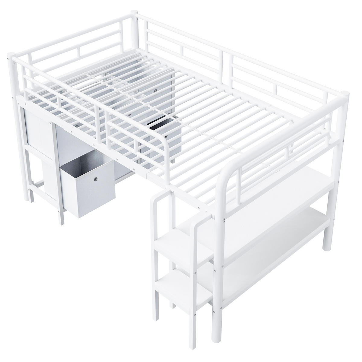 HOCHBETT 90/200 cm Weiß mit Stauraum und breiter Treppe aus Metall - Weiß, Metall (90/200cm) - OKWISH