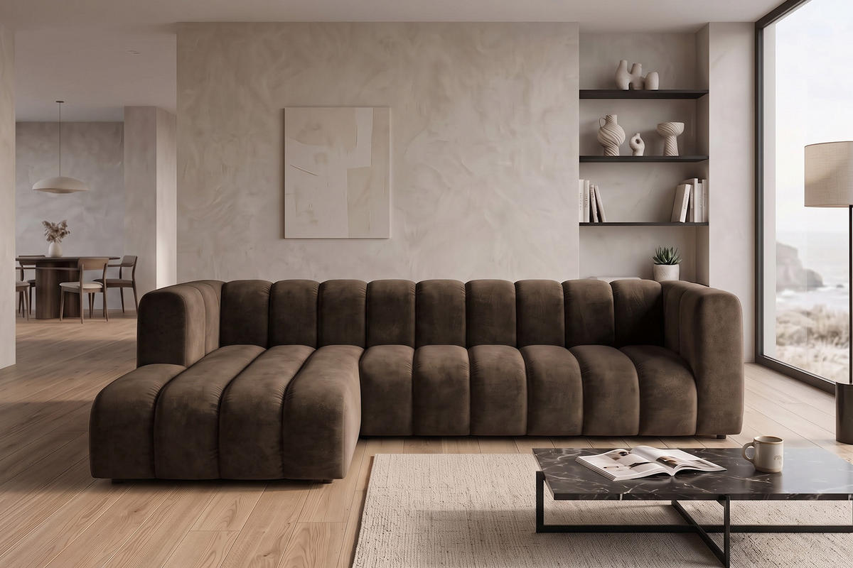 ECKSOFA Modulares In L-Form, Velvet-Stoff Riviera, Braun, Links, GRAND 318 cm - Braun, Holz (318/179cm) - Kaiser Möbel