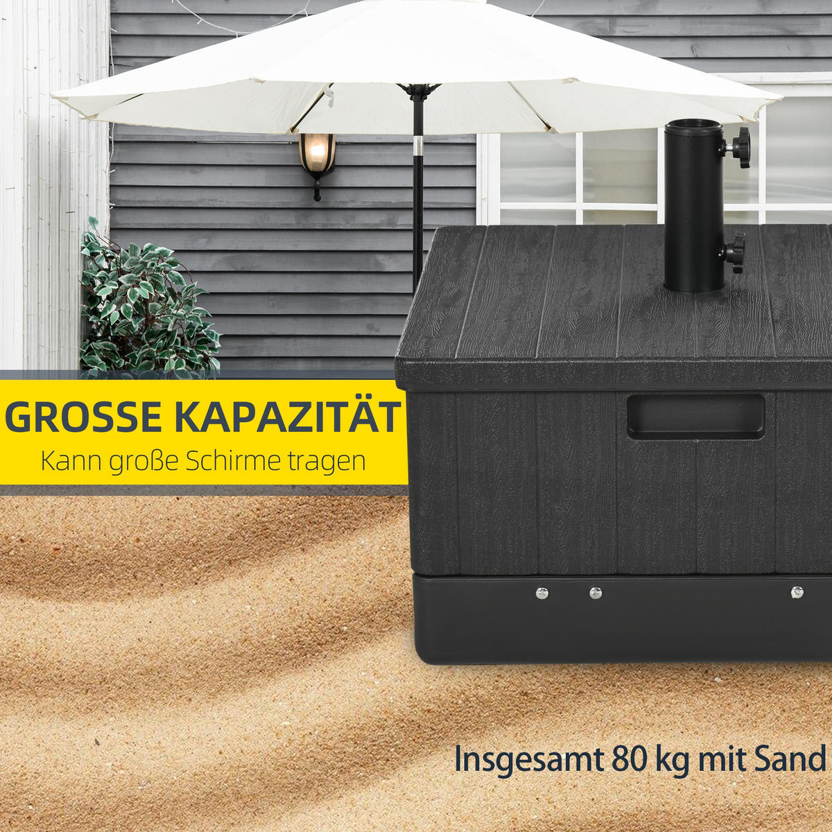 SONNENSCHIRMSTÄNDER mit Griff, Rollen, Hochbeet, bis 80 kg Sand befüllbar für Ø38/48 mm Schirmstangen Schwarz - Schwarz, Kunststoff (53/53cm) - Outsunny
