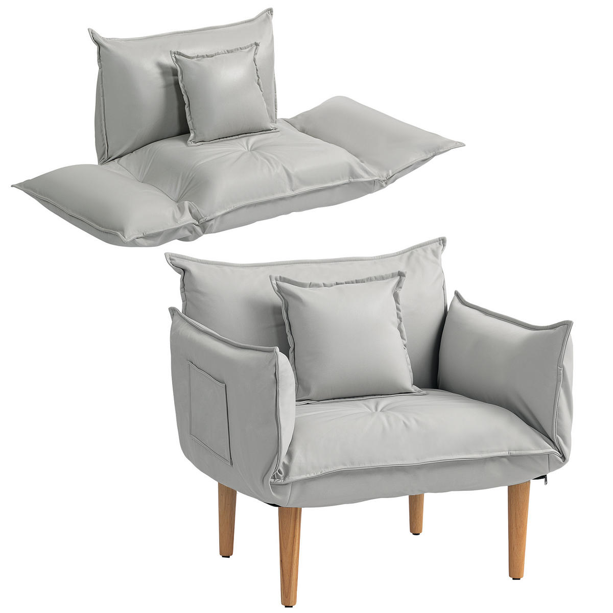 SESSEL 2-in-1, mit Kissen, Hellgrau - Hellgrau, Textil (75/78/68cm) - HOMCOM