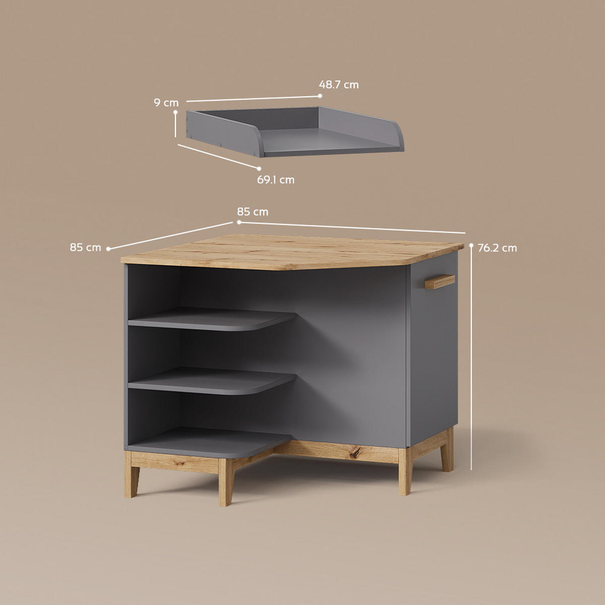 WICKELKOMMODE Mailo Grau/Artisan mit Tür - Eiche Artisan/Grau, Holzwerkstoff (85/85.2/85cm) - Livinity®
