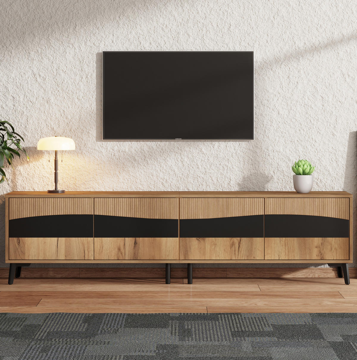 TV-LOWBOARD aus Spanplatte 180x40x50 cm Natur/Schwarz mit 4 Türen und Stauraum - Naturfarben, Holzwerkstoff (180/50/40cm) - IVMEU