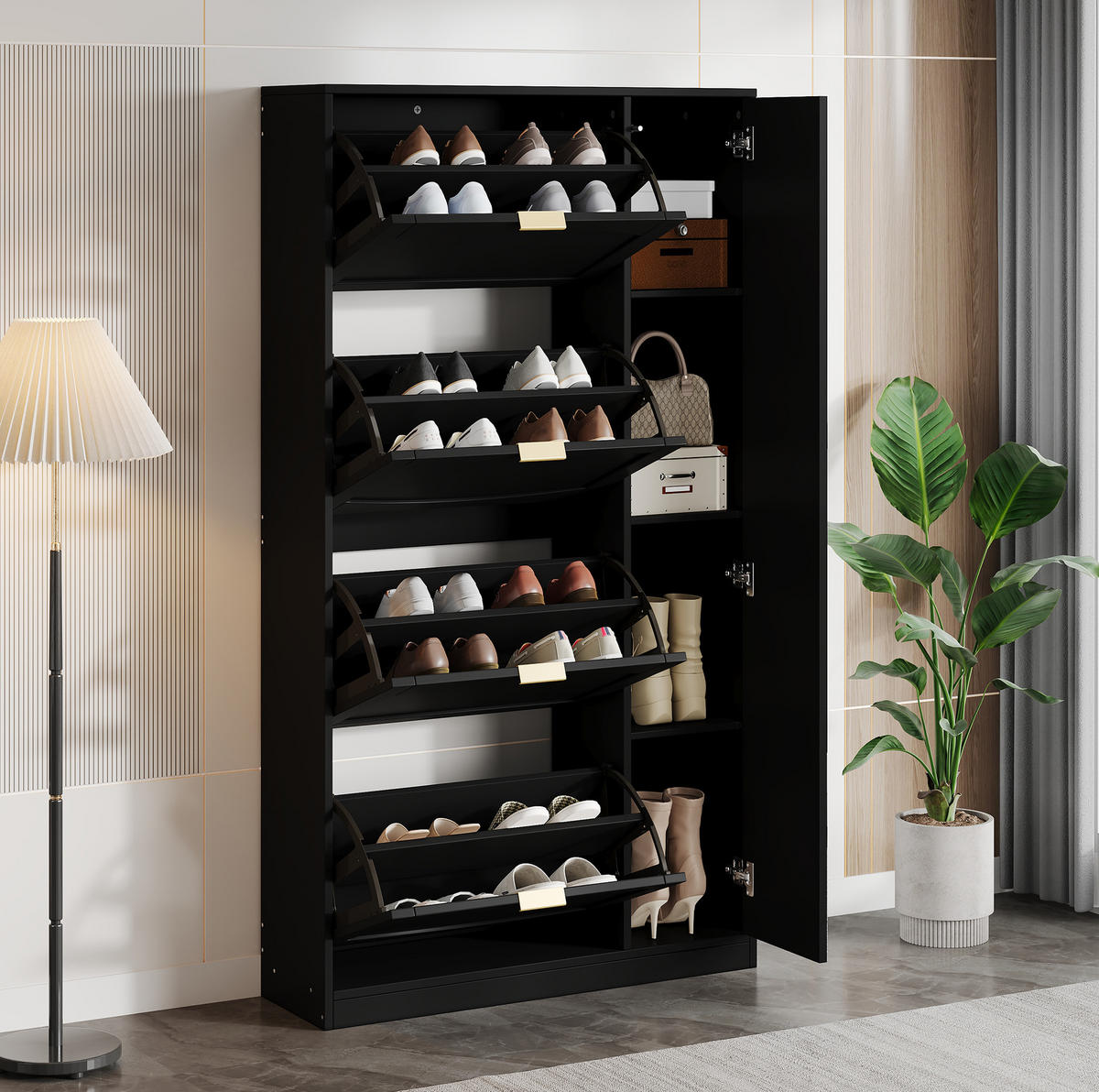 SCHUHSCHRANK aus Spanplatte 80x24x147cm in Schwarz mit Spiegeltüren - Schwarz, Holzwerkstoff (80/147/24cm) - Modfu
