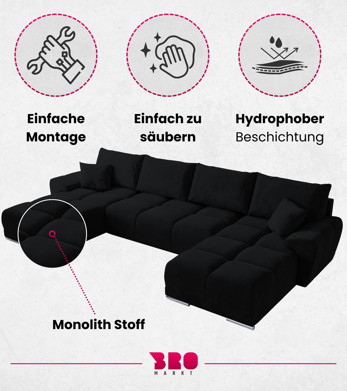 WOHNLANDSCHAFT Nubes mit Schlaffunktion Graphit Plüsch - Silberfarben/Graphitfarben, Kunststoff/Textil (372/85/184cm) - Bromarkt