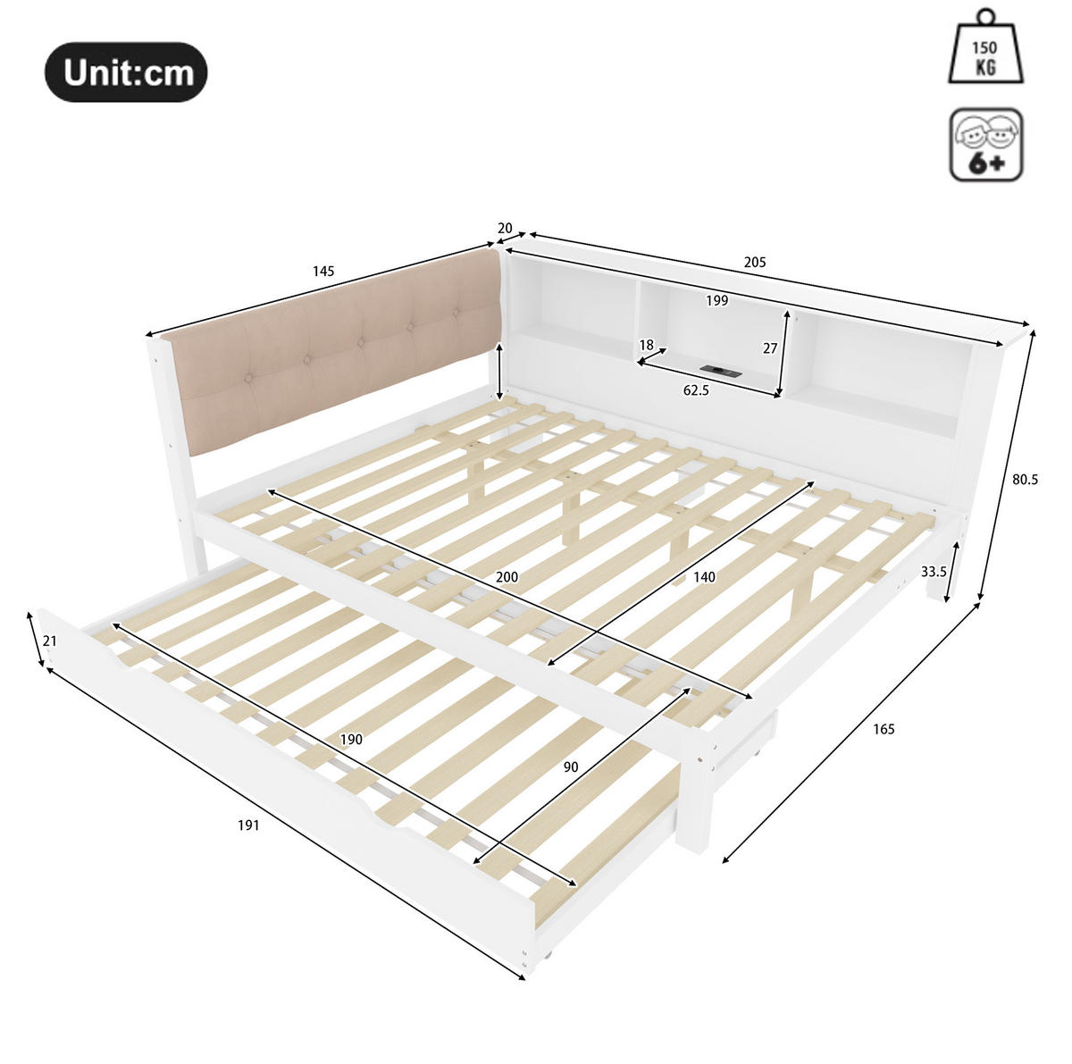 POLSTERBETT aus Kiefernholz 140x200 cm in Weiß mit Ausziehbett, LED & USB - Weiß, Holz (140/200cm) - Modfu