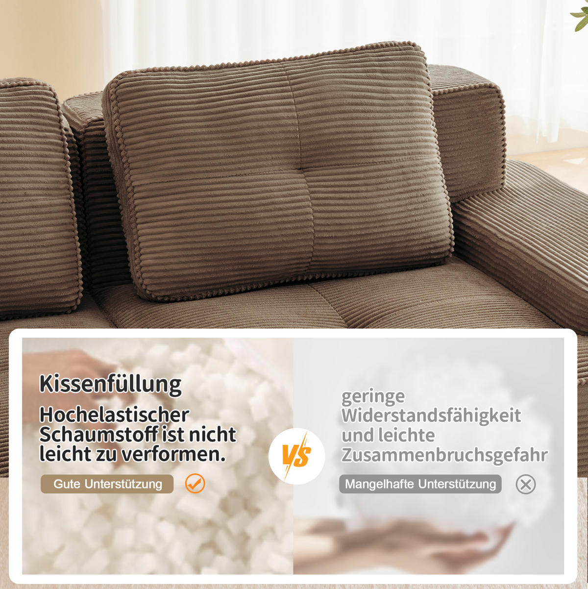 MODULARES 3-Sitzer-Sofa mit Cordbezug in Braun 293x177x69 cm, flexibel stellbar und ohne Montage - Braun, Textil (177/293cm) - IVMEU