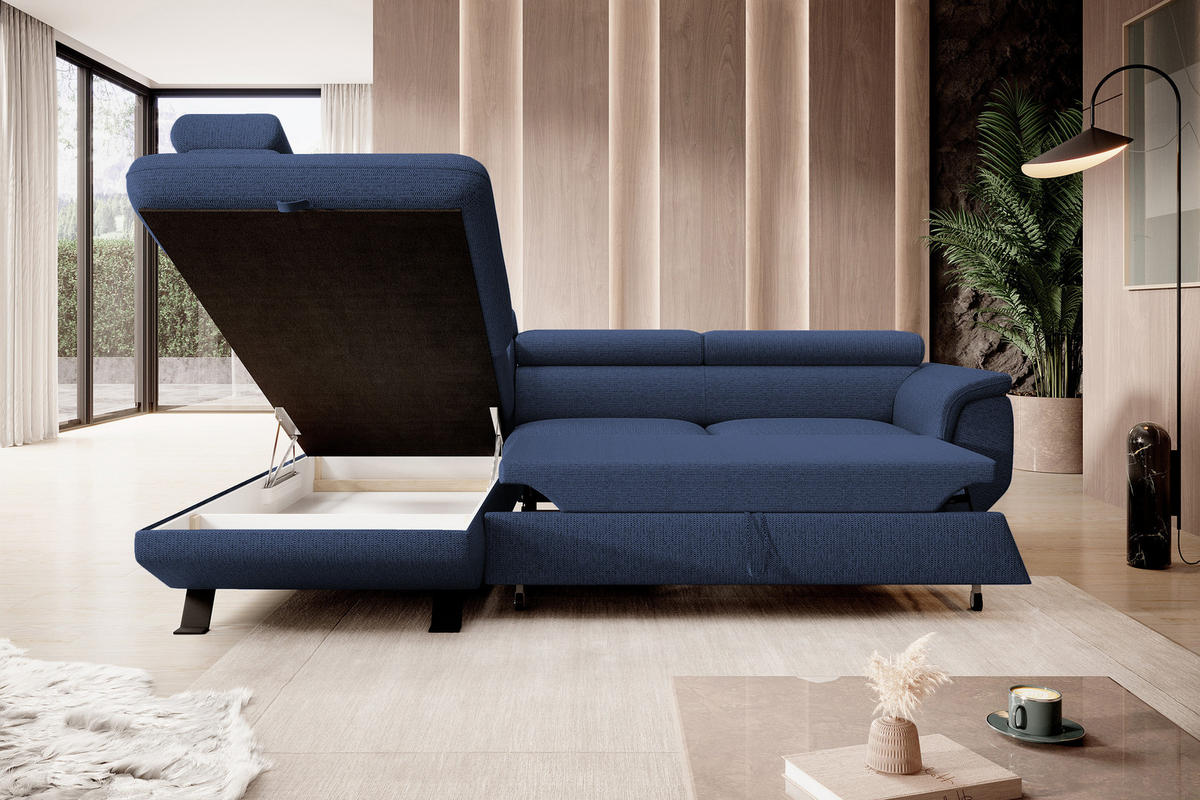 ECKSOFA RAVEN L mit Schlaffunktion und Bettkasten, Freistehend, Polstersofa mit Verstellbaren Kopfstützen, 257x198x96 cm, Linke, Blau - Blau, Holz/Textil (198/256cm) - DomoHome