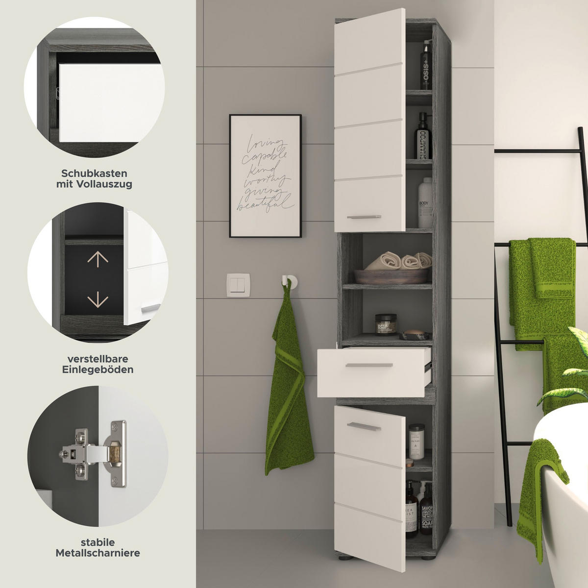 HOCHSCHRANK Blake Bad in Rauchsilber Nachbildung und weiß hochglanz B/H/T: 35x191x31 cm - Silberfarben, Holz (35/191/31cm)