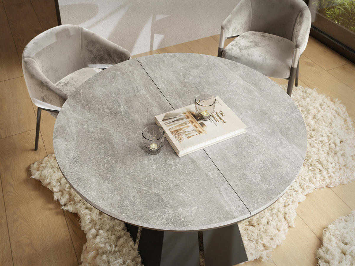 ESSTISCH Kova runder ausziehbarer, Grauer Beton 120-200/120/76 cm - Hellgrau/Schwarz, Holzwerkstoff/Metall (120/120/76cm) - WFL GROUP