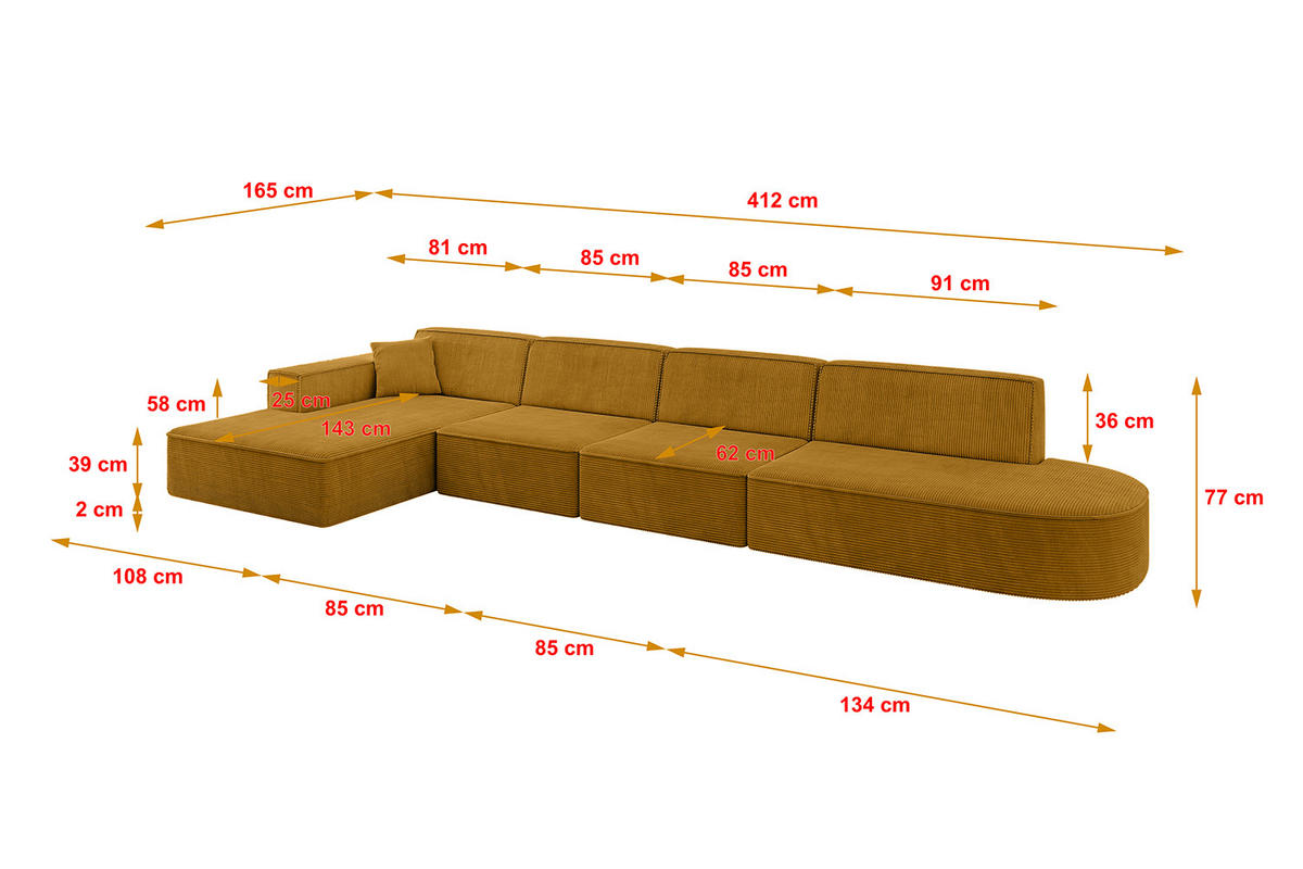 ECKSOFA Ottomane Links IREA-L3-v4 - 412x165x77 cm Senfgelb - Grün, Holzwerkstoff/Textil (412/165cm) - ALTDECOR