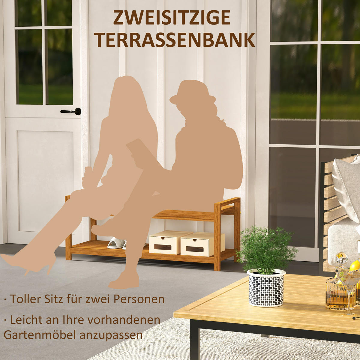 SCHUHBANK mit Armlehnen, Holzbank mit Schuhablage, für 2 Personen, Holz, Teak - Teakfarben, Holz (40.5/46/118cm) - Outsunny