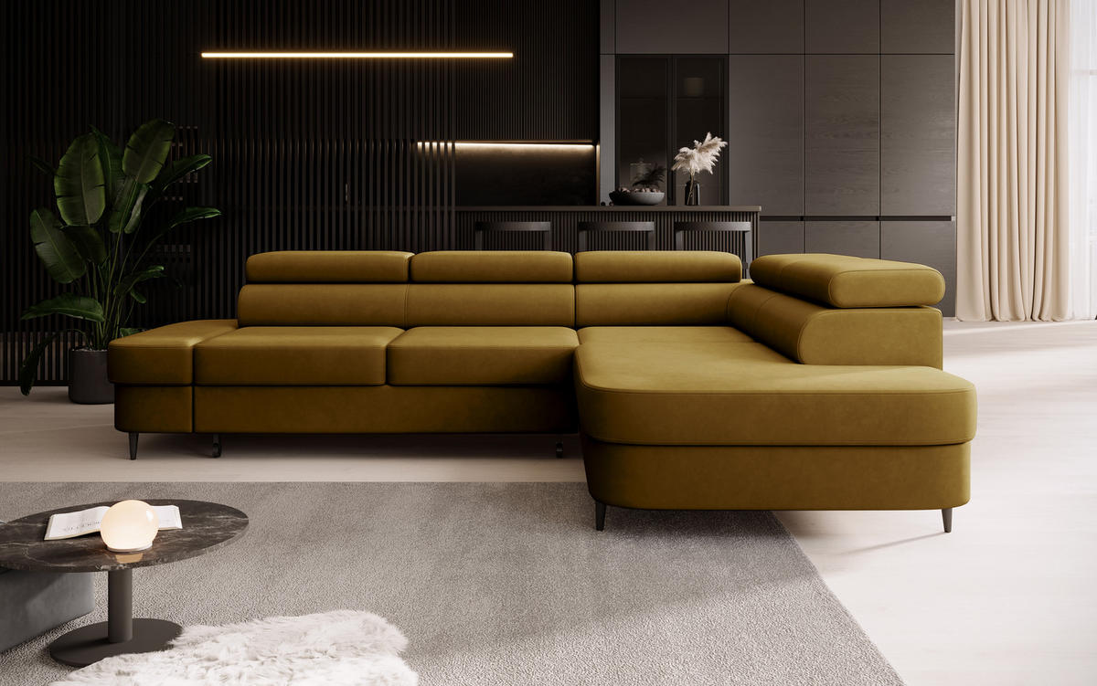 ECKSOFA Priam L-Form mit Schlaffunktion und Stauraum Modern Form Gold - Goldfarben, Holz/Textil (275/203cm) - Muffo
