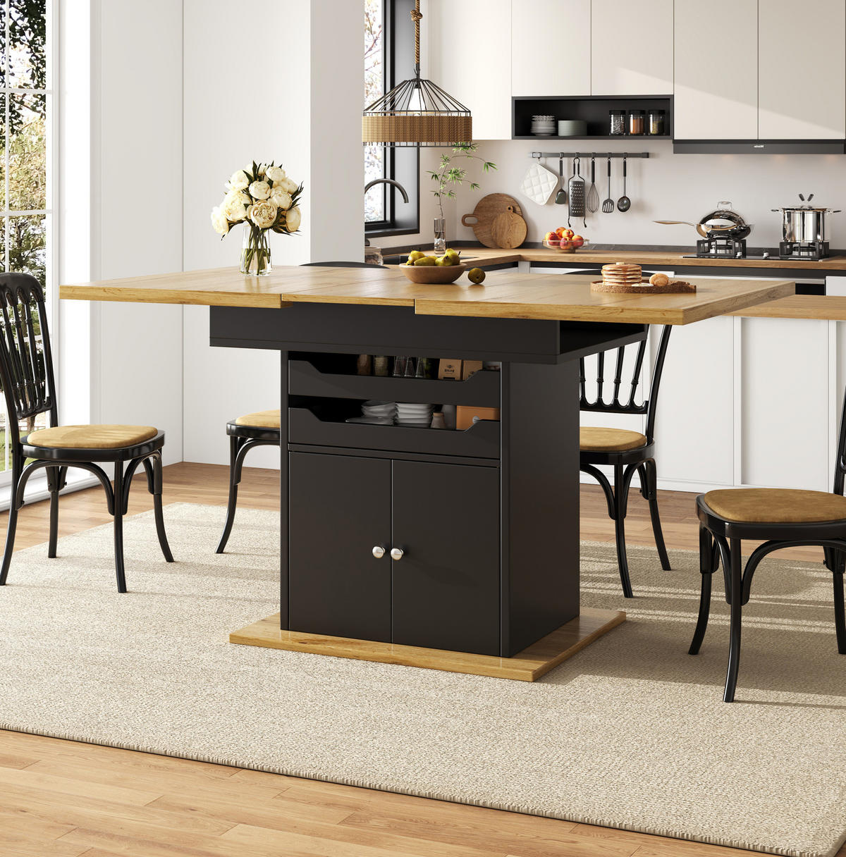 ESSTISCH 110-140/80/76 cm ausziehbar mit Stauraum, 2 Schubladen und Schrank, Schwarz - Schwarz, Holzwerkstoff (110/80/76cm) - Redom