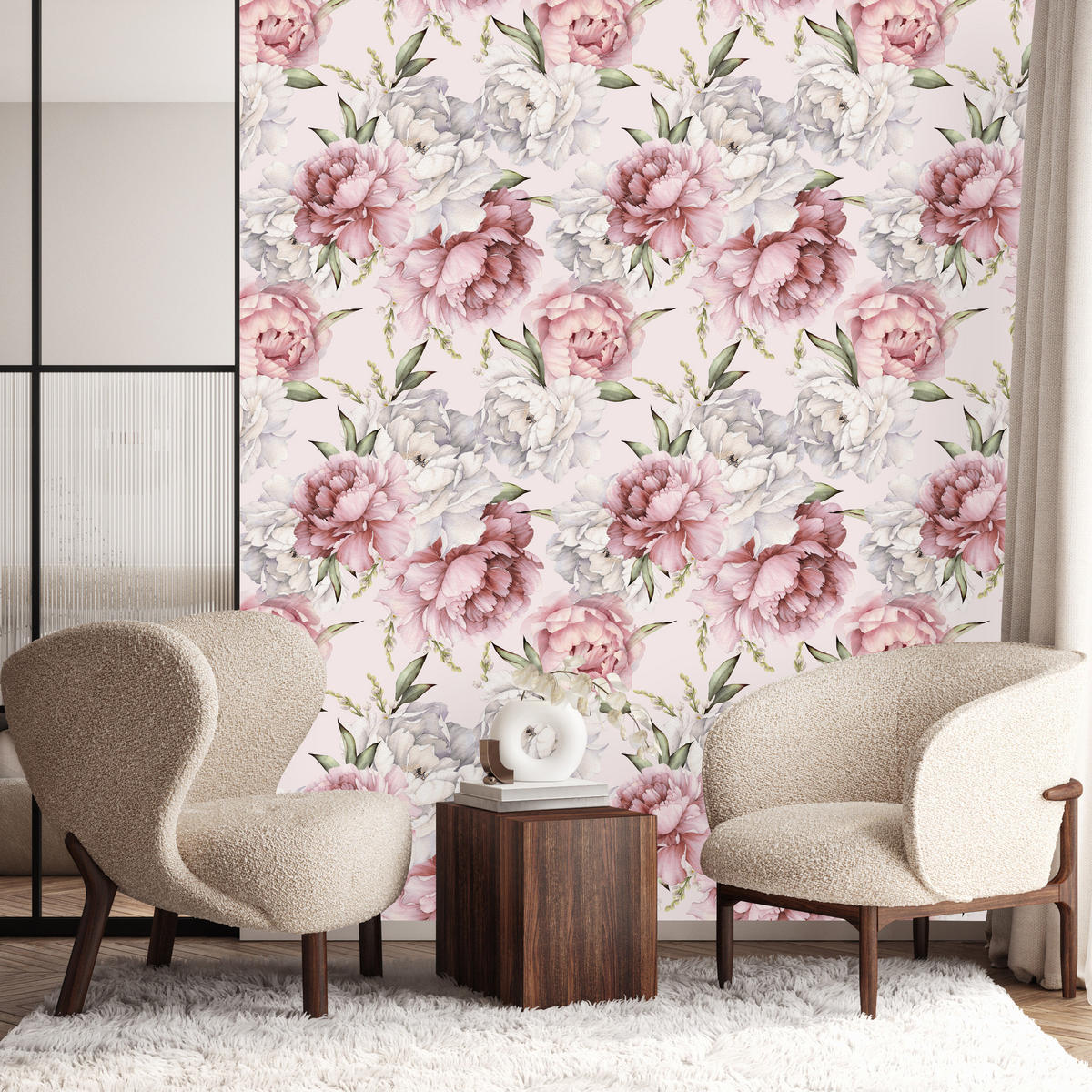 VLIESTAPETE Rosa Pfingstrosen – Rosa, Grün, Creme – 50x1000 cm - Creme/Rosa, Papier (50/1000cm) - Muralo