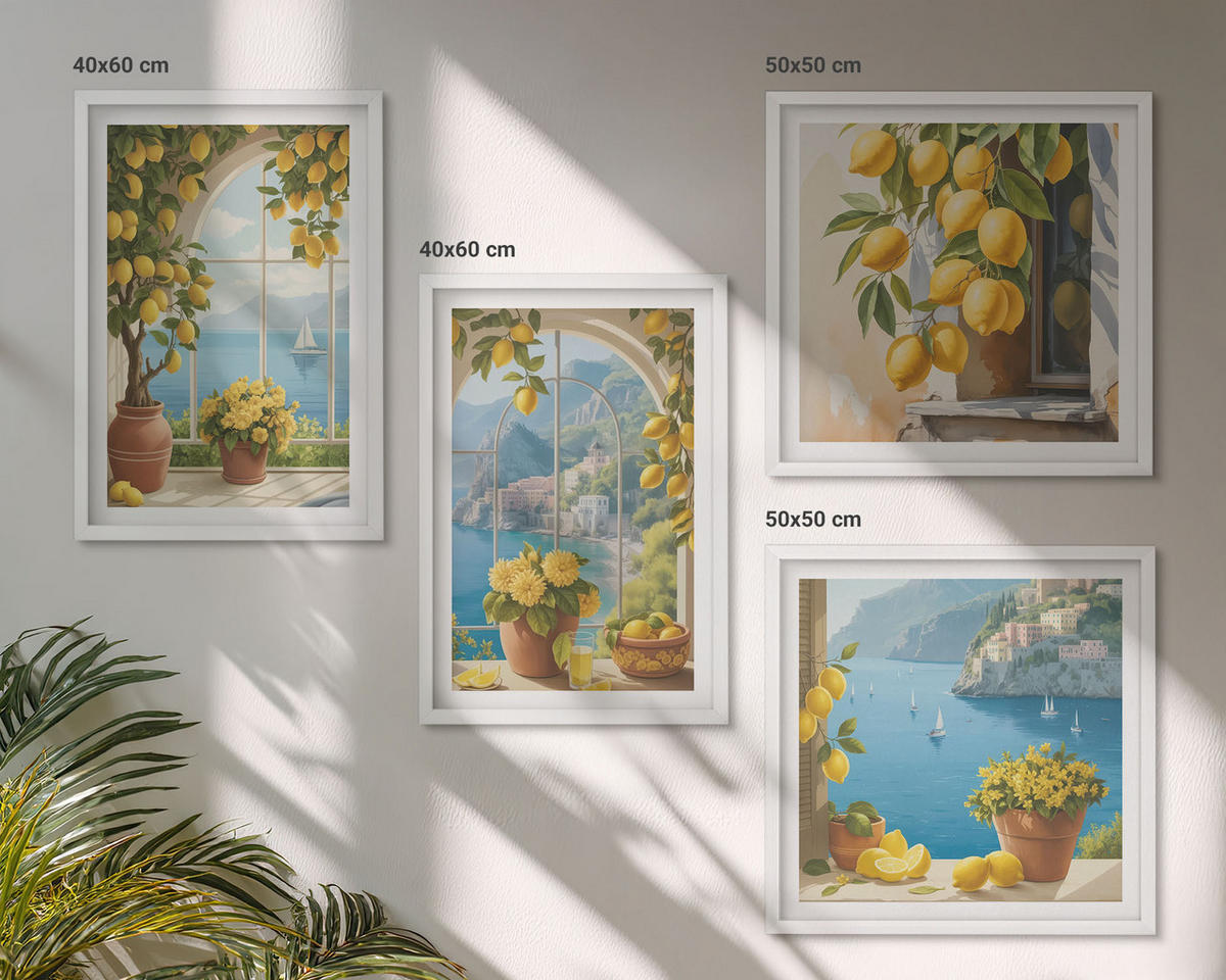 BILDER SET 4er Set - 50x50 cm & 40x60 cm Weißer Rahmen - Meereslandschaften, Zitronen, Fenster - Weiß, Kunststoff (50/50cm) - TULUP