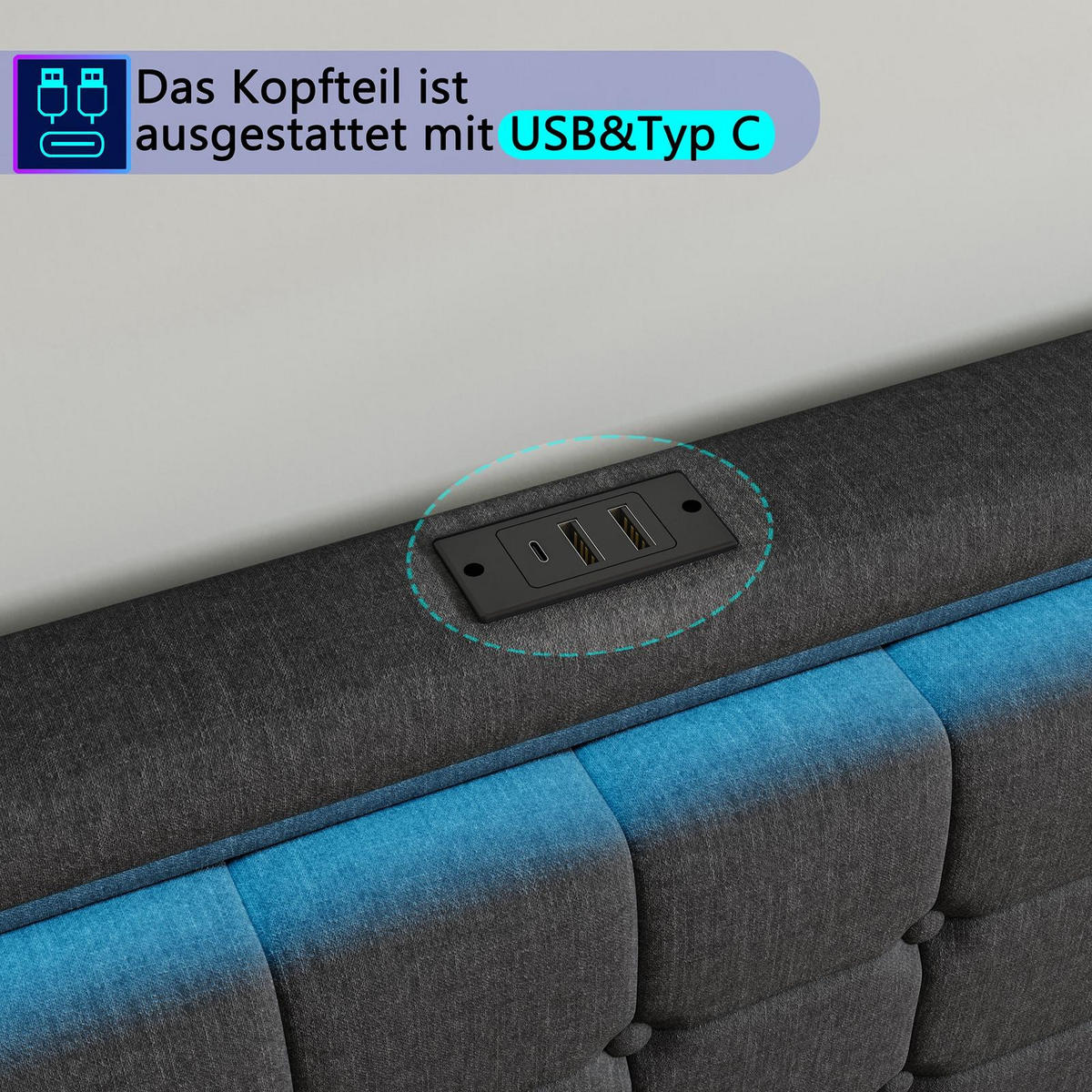 POLSTERBETT 140x190 cm Lumina Smart mit 3-Zonen RGB-LED, USB & USB-C, 4 Schubladen, Leinen-Optik, Dunkelgrau - Grau, Textil (140/190cm) - DELFA