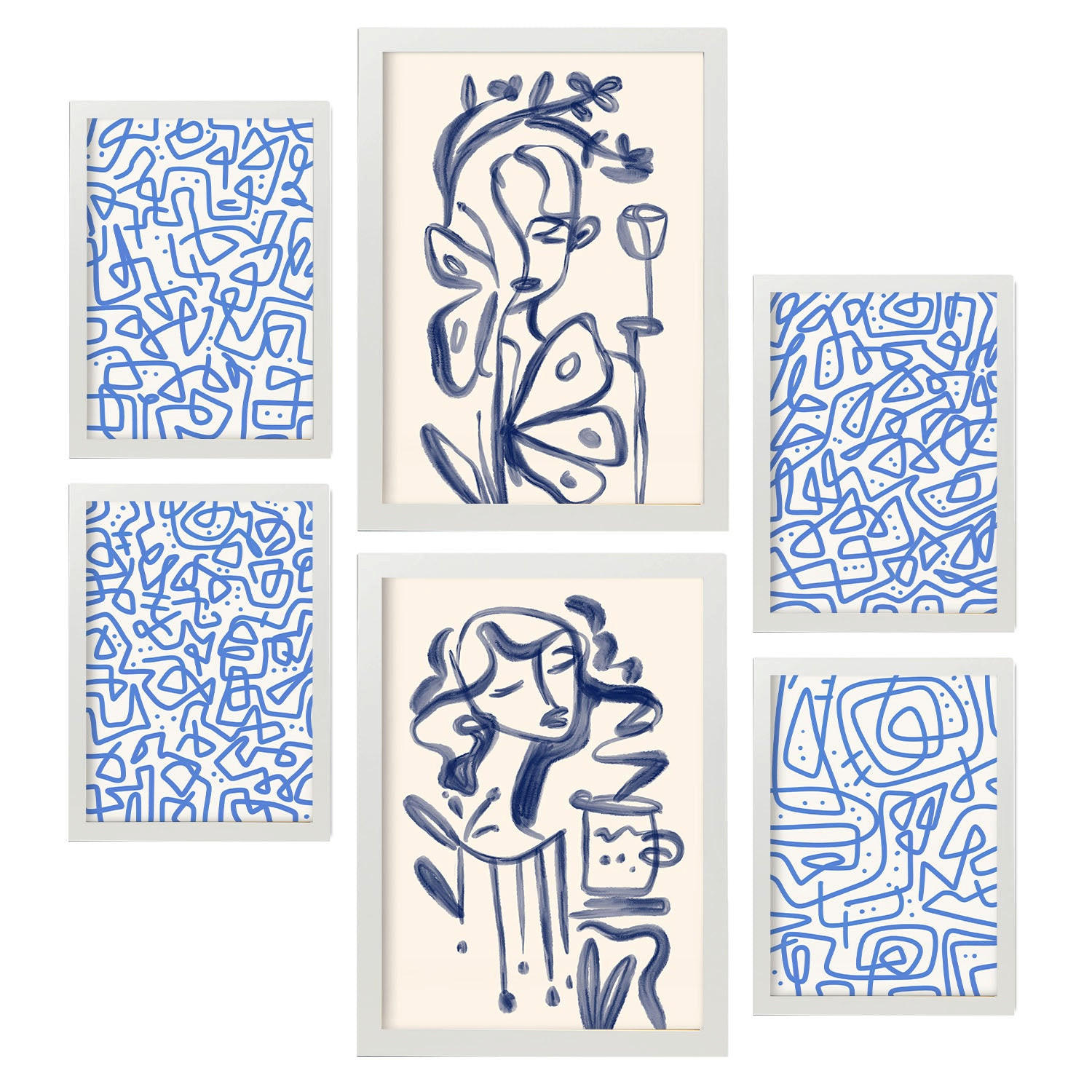 POSTER Set Mit 6 Junge Im Rahmen In Weibliche Zusammenfassung Ästhetische Dekorative Gemälde Für Ihr Wohnzimmer Zuhause A3 & A4 Weißer Rahmen - Weiß, Papier (29/3cm) - Nacnic