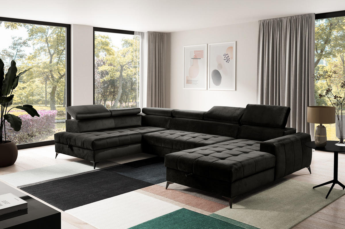 WOHNLANDSCHAFT Arkucio U Schwarz 345/200/95 cm – großes Sofa mit Schlaffunktion R - Schwarz, Textil/Metall (345/95/200cm) - AX Living