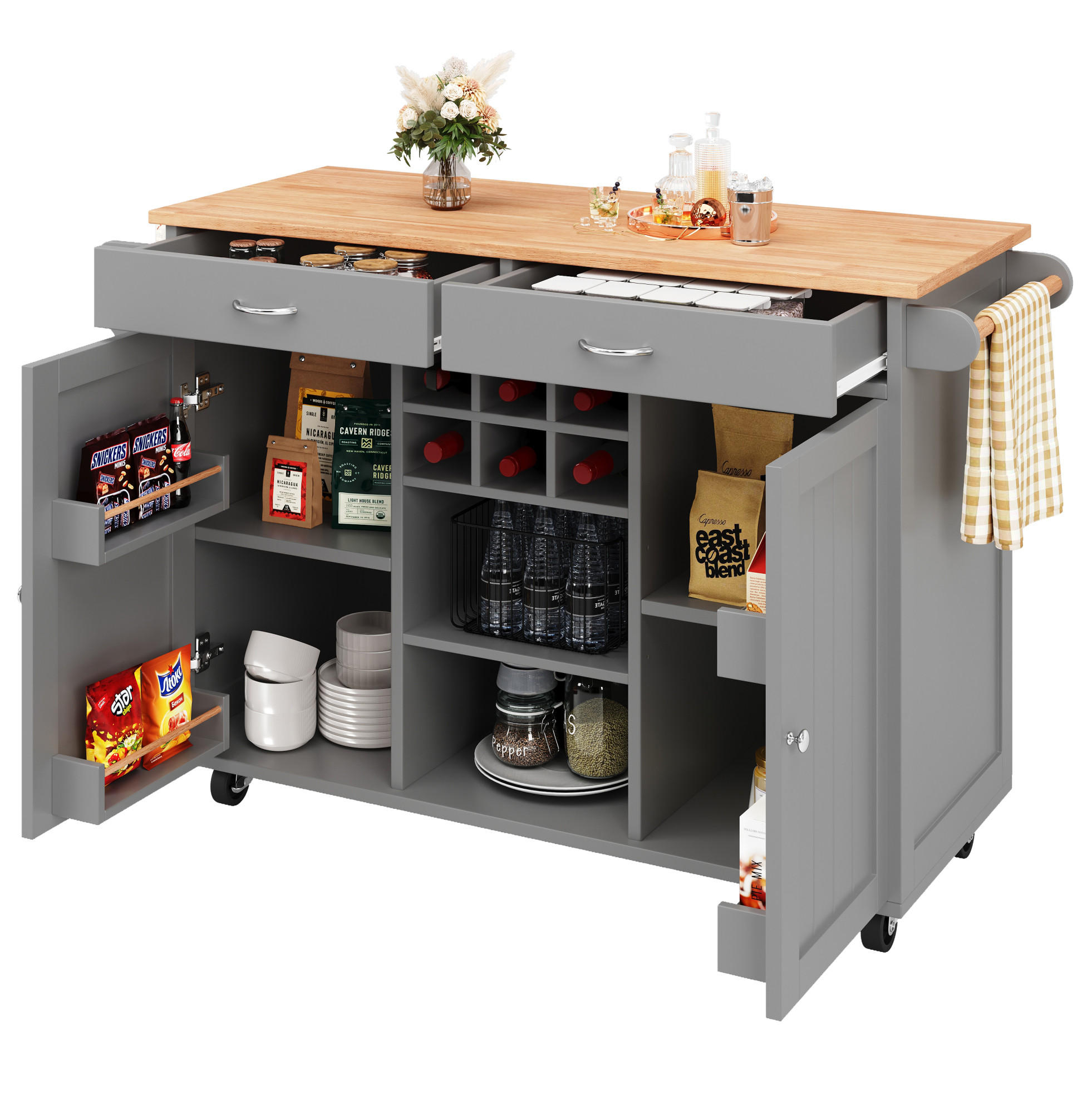 KÜCHENINSEL aus MDF mit Holzmaserung & Rollen, 102/45/92 cm, Grau - Grau, Holzwerkstoff (102/92/45cm) - Redom