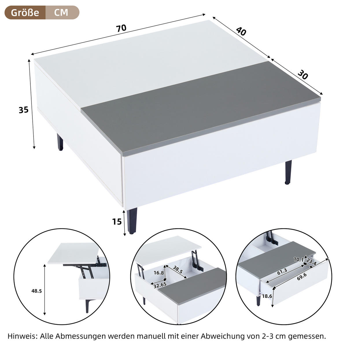 KONFERENČNÍ stolek 70/70/35 cm bílý a šedý z MDF s výklopnou deskou LED a úložným prostorem - bílá, kompozitní dřevo (70/70/35cm) - OKWISH