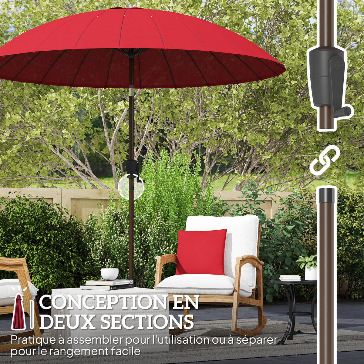 SONNENSCHIRM DE-11388 neigbar, mit Kurbel, 24 Streben Rot - Rot, Metall (260/260cm) - ComfortXL