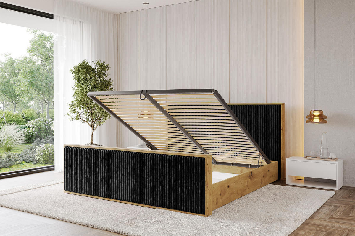 POLSTERBETT mit Bettkasten und Lattenrost, Boxbett mit Stauraum und Kopftei mit Matratze H3/H4 - ENZO10 120x200 Schwarz - Schwarz, Holzwerkstoff/Textil (120/200cm) - ALTDECOR
