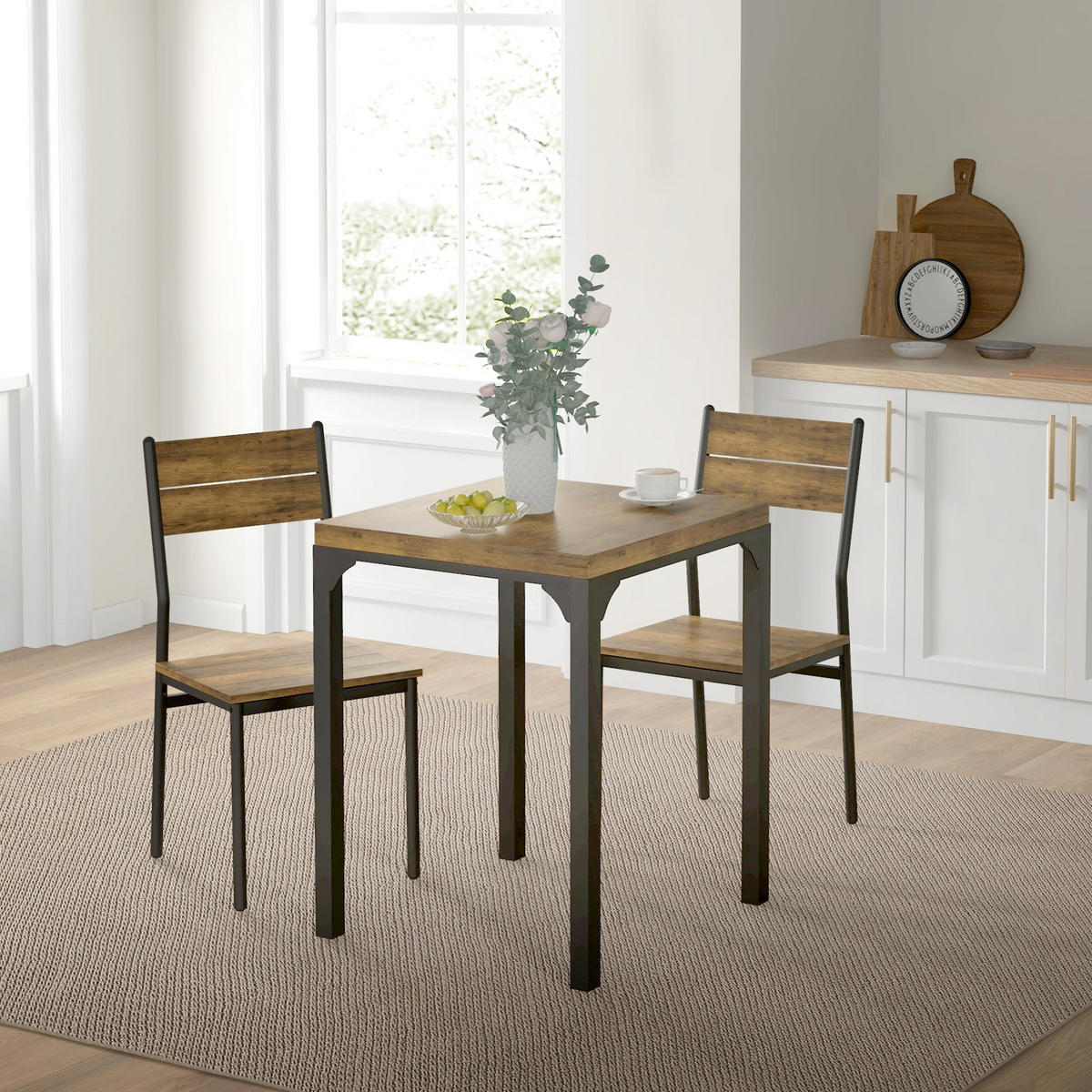 3-TEILIGE Essgruppe Küchentisch mit Metallgestell Esszimmergruppe Sitzgruppe - Braun, Holzwerkstoff (60/76/60cm) - HOMCOM