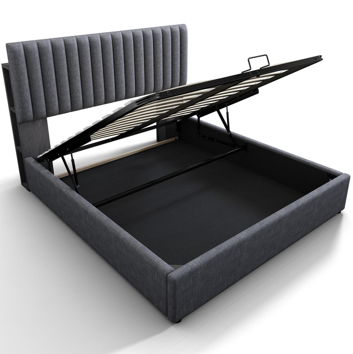 POLSTERBETT aus Leinen 140x200 cm Grau mit Matratze, LED-Kopfteil, USB-C und Stauraum - Grau, Textil (140/200cm) - IVMEU