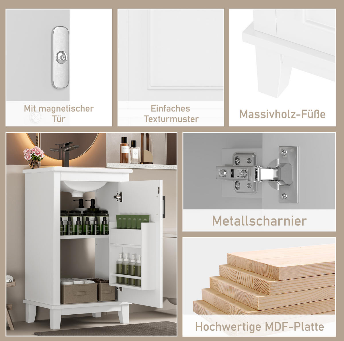 KOMPAKTE Waschtischkombi 51/34/83 cm in Weiß – freistehend mit Keramikbecken - Weiß, Holzwerkstoff (51/83/34cm) - BEAOK