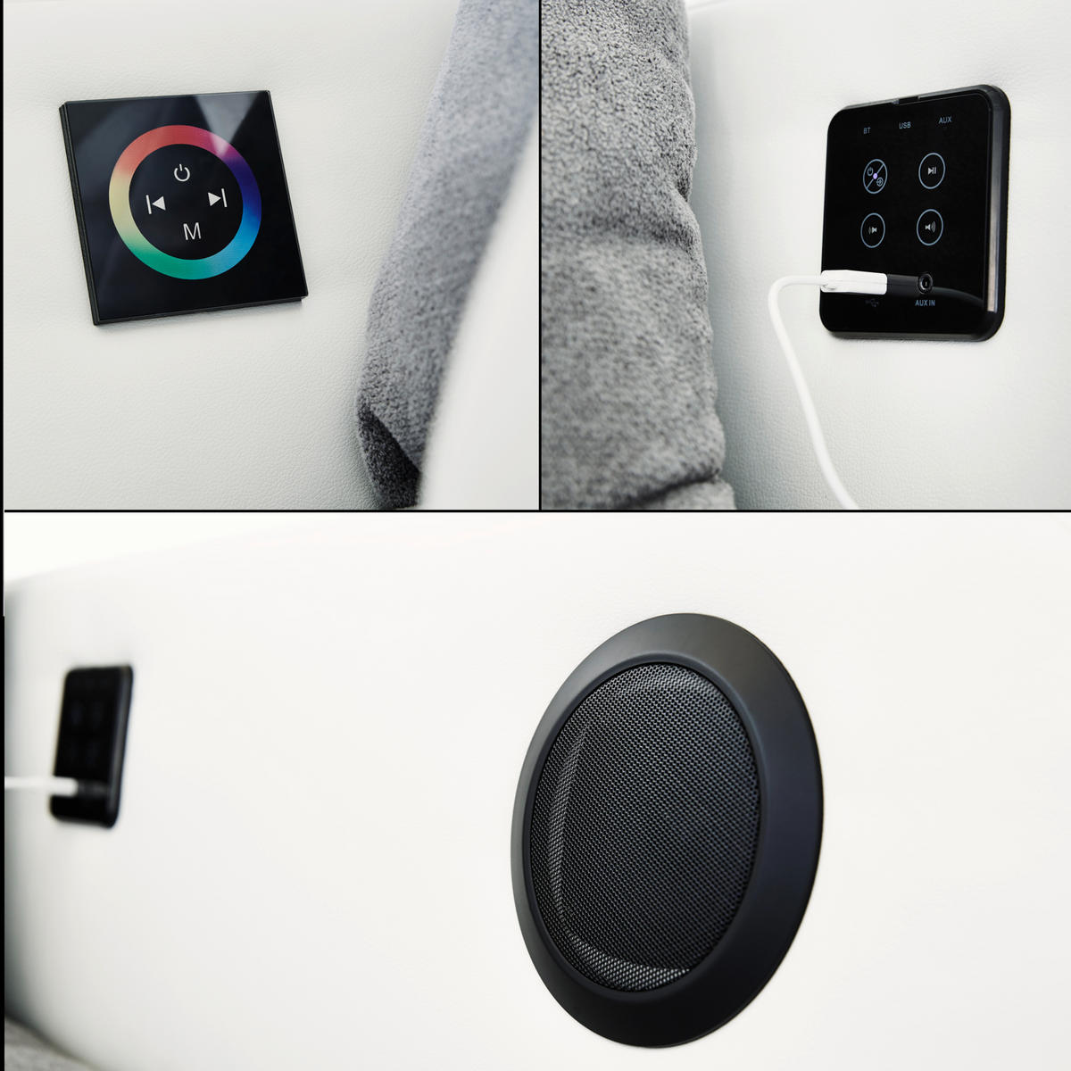 MULTIMEDIA-ECKSOFA Soundsystem RGB-LED Beleuchtung Bluetooth USB AUX-in, seitenverkehrt montierbar B322/T190/H88cm, Kunstleder Weiß-Mikrof.Grau/15410 - Chromfarben/Weiß, Textil/Metall (322/88/190cm) - luma-home