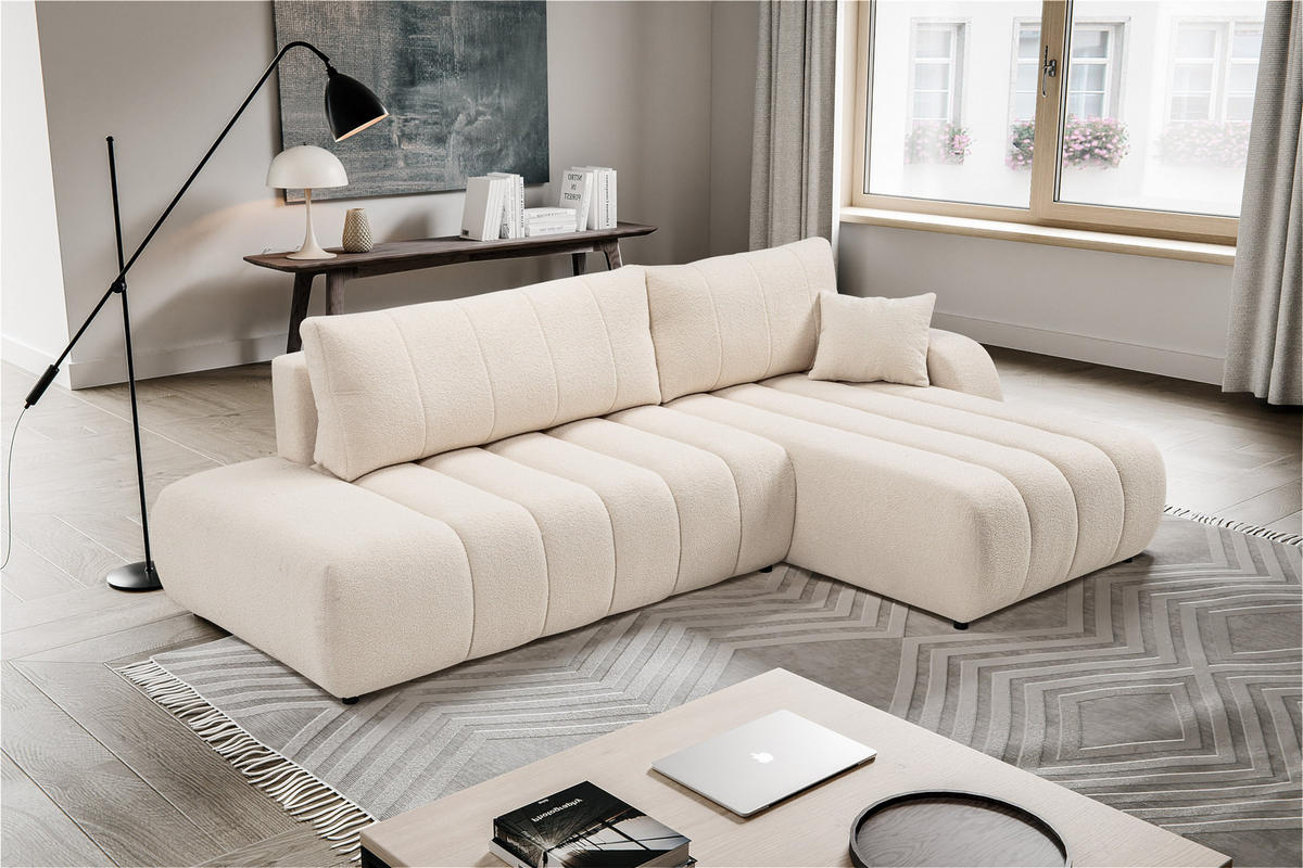 ECKSOFA GIOIA R-S Creme Boucle-Stoff mit Schlaffunktion - Creme, Holz (276/176cm) - MASSENO