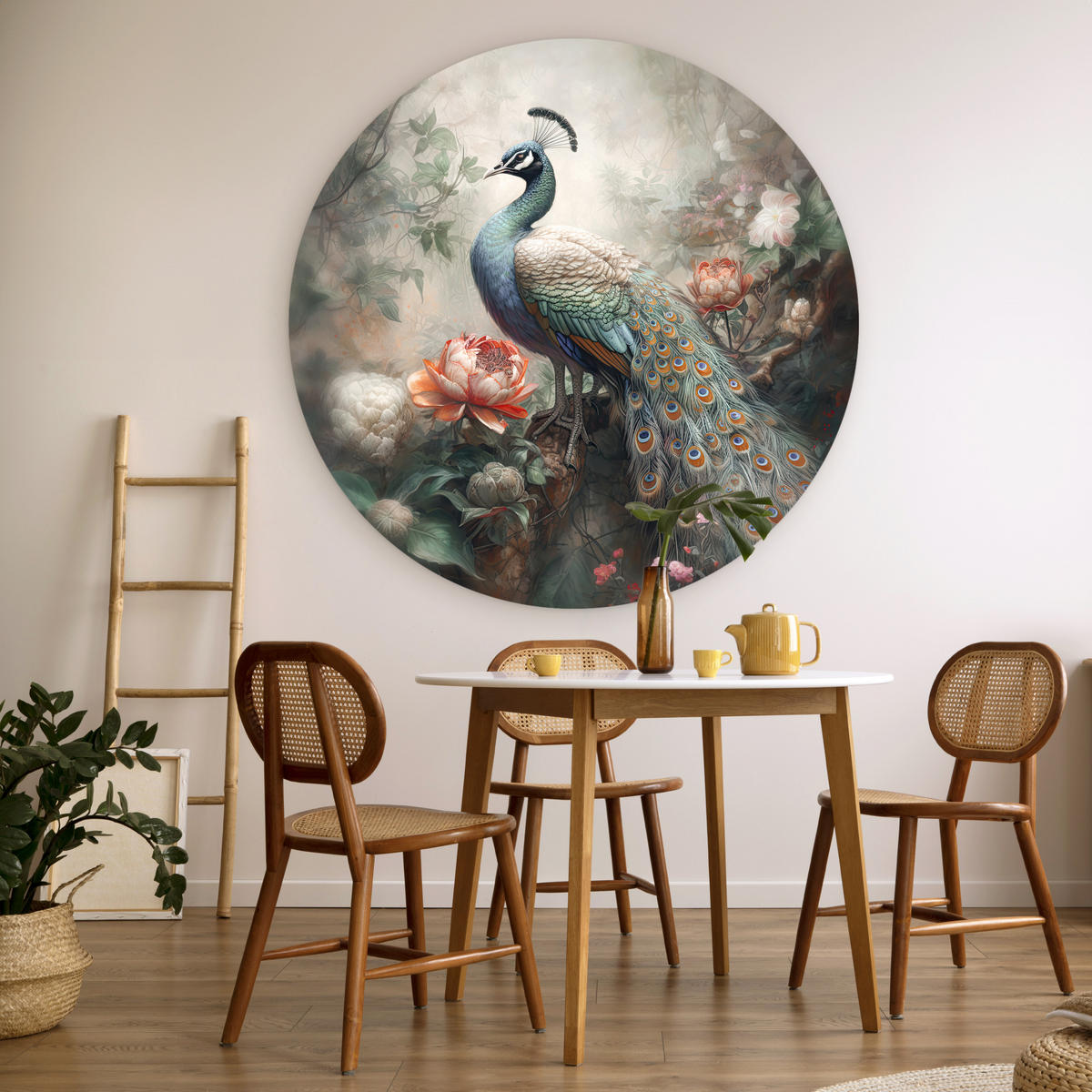 WANDBILD Pfau - Pfauenfedern - Vogel - Dschungel - Blumen 150x150 cm - Smaragdgrün, Kunststoff (150/150cm) - MuchoWow