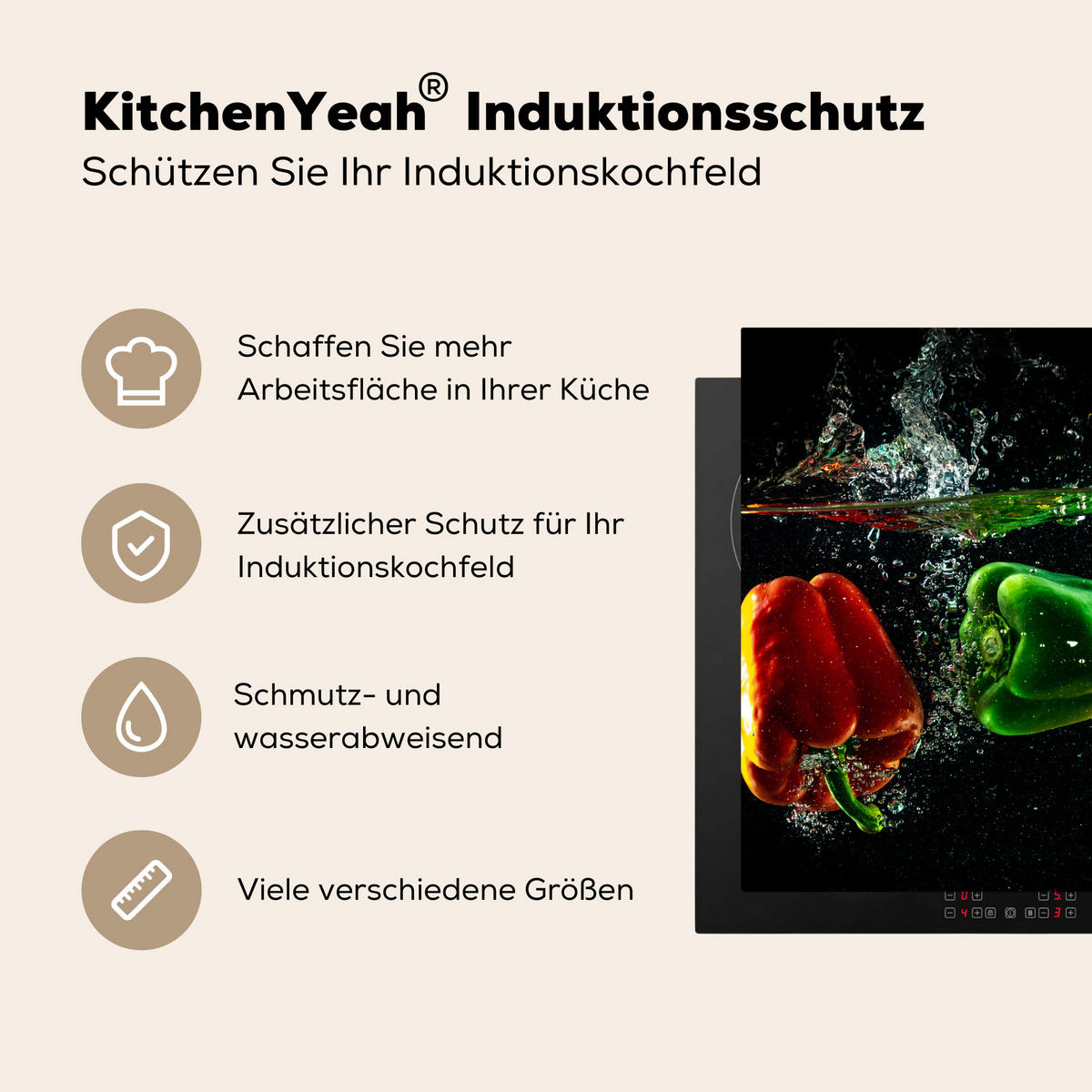 HERDABDECKPLATTE Paprika - Gemüse - Wasser - Schwarz - Rot - Grün - Gelb Induktionsmatte 78x78 cm - Multicolor, Kunststoff (78/78/0.2cm) - MuchoWow