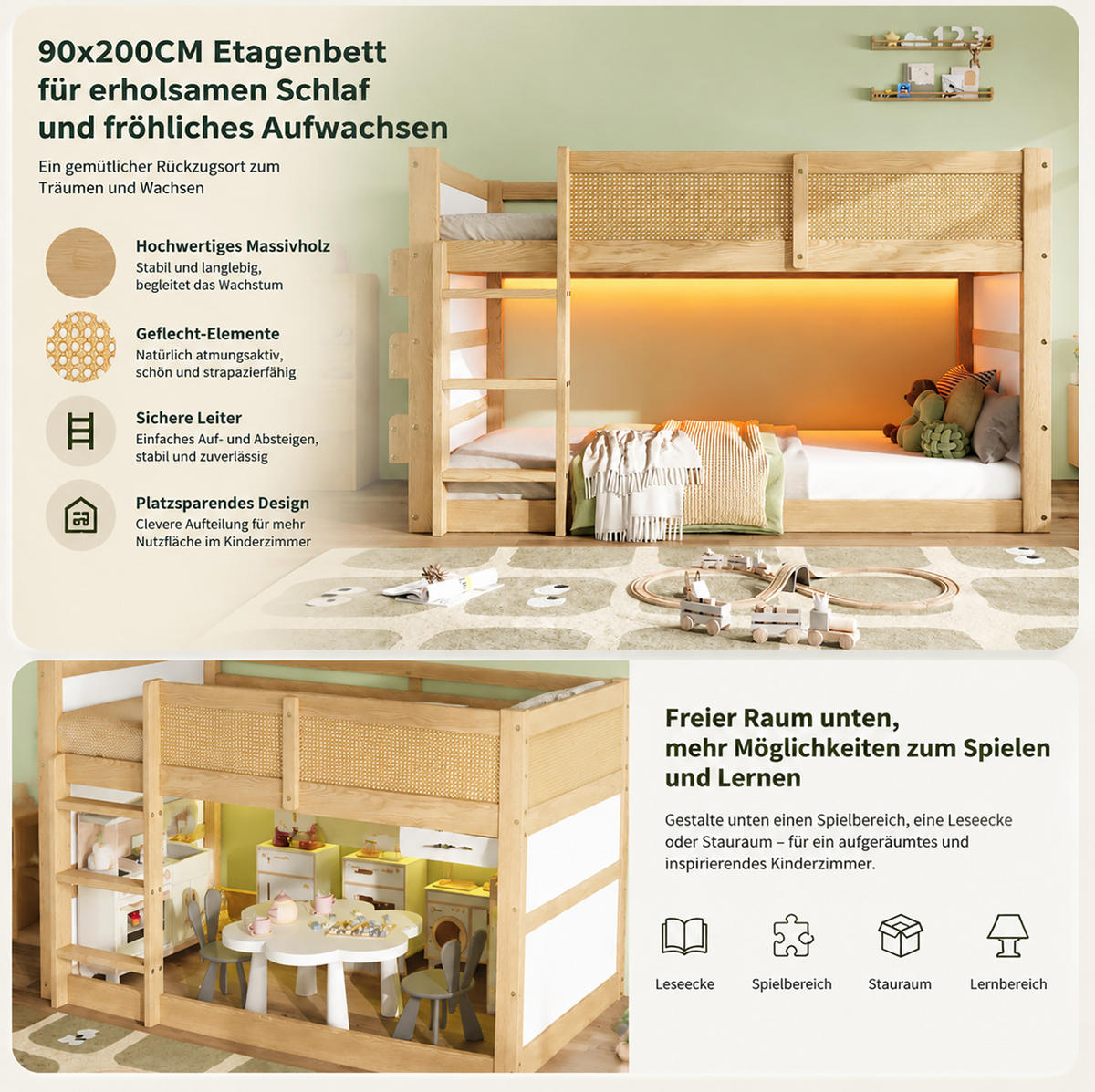HOCHBETT 90/200 cm aus Kiefer und MDF mit LED-Lichtleiste und Ablagen Natur/Weiß - Naturfarben, Holz (90/200cm) - Modenvie