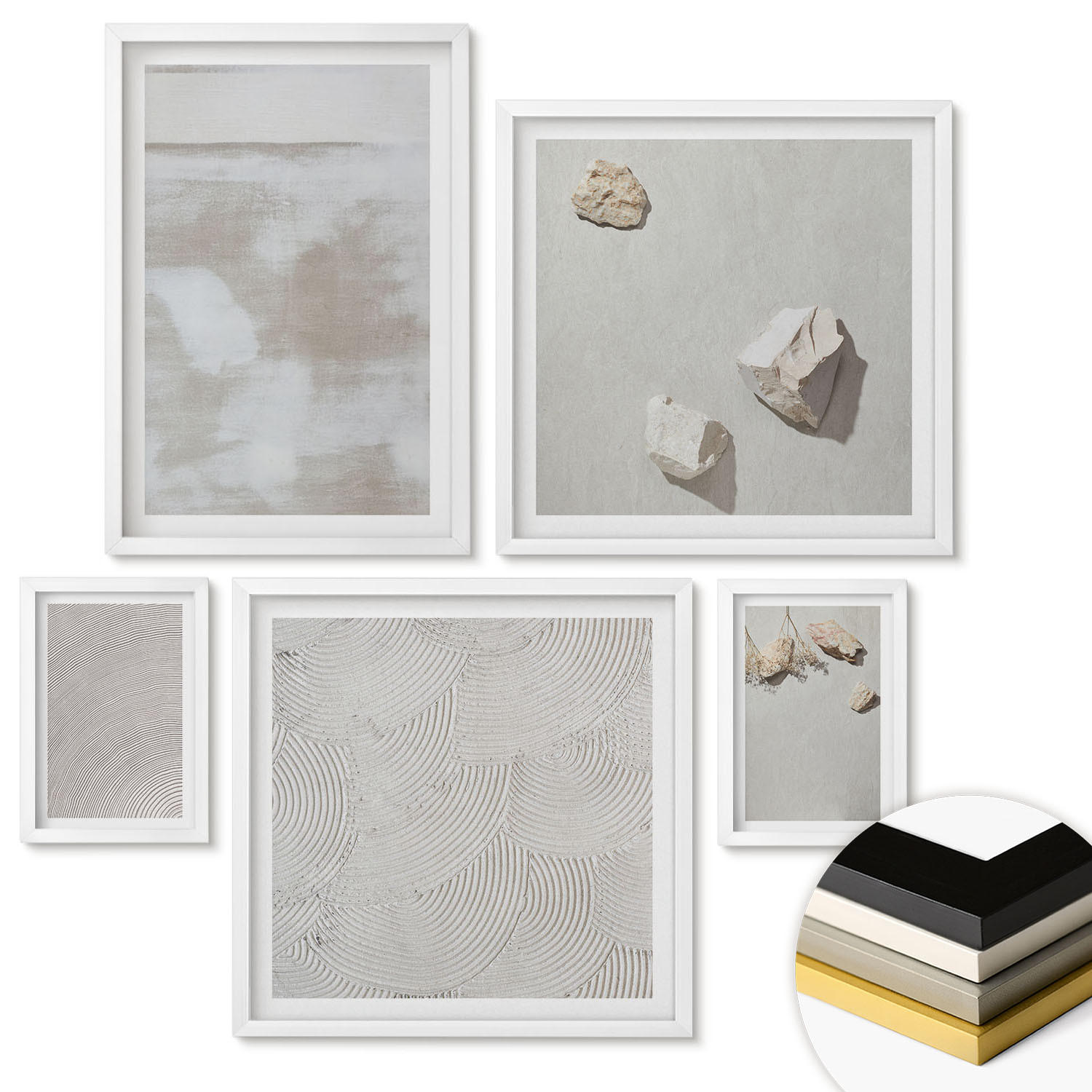 WANDBILDER 5er-Set - 50x50 cm & 20x30 cm & 40x60 cm Weißer Rahmen - Boho-Textur aus Sandsteinen - Weiß, Kunststoff (40/60cm) - ArtPrintCave