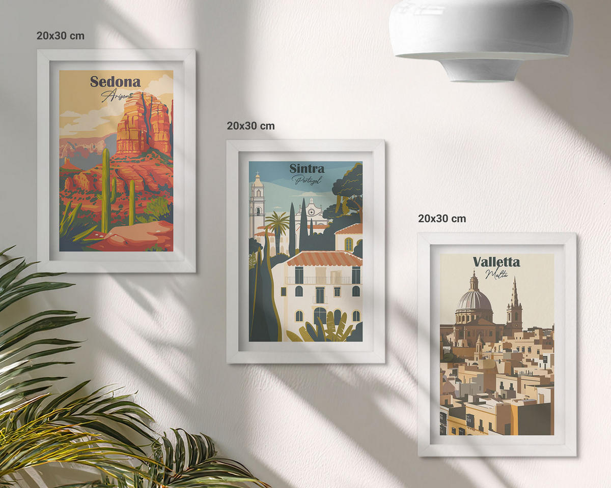 WANDBILDER 3er-Set - 20x30 cm Weißer Rahmen - Ansichten Sedona Sintra Valletta Retro - Weiß, Kunststoff (20/30cm) - ArtPrintCave