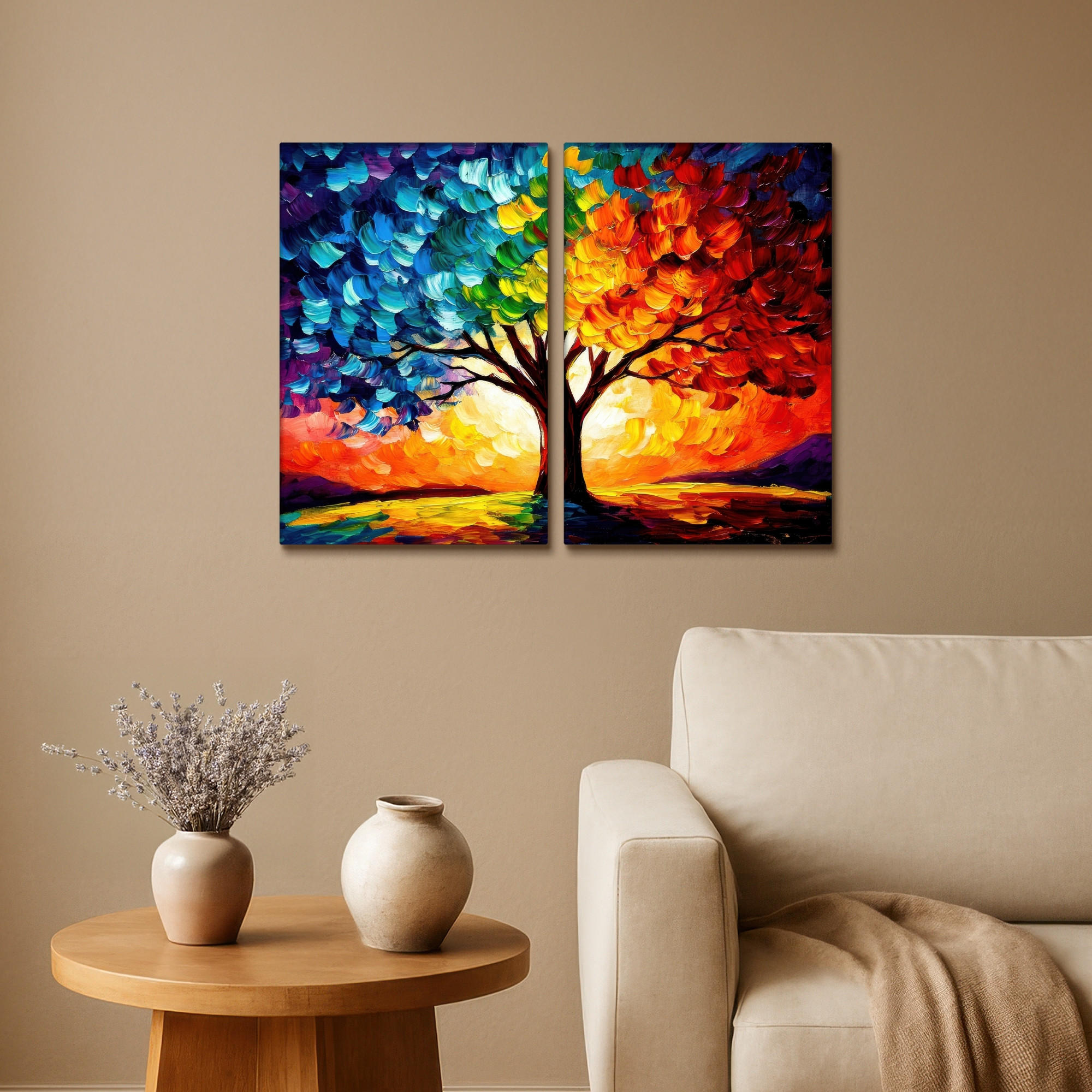 LEINWANDBILD 2er Set Baum - Farbenfroh - Malerei-Look - Abstrakt 80x60 cm - Multicolor, Textil (80/60cm) - MuchoWow