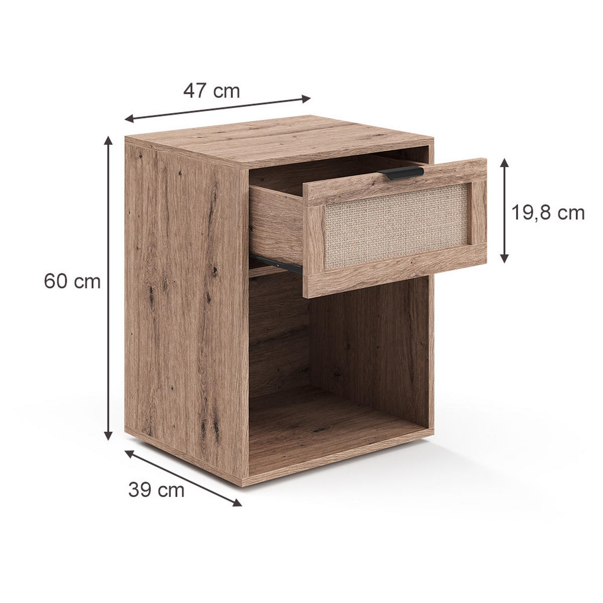 NACHTTISCH Elven, Eiche, 47 x 60 cm mit 1 Schublade - Eichefarben, Holzwerkstoff (47/60/39cm) - Vicco